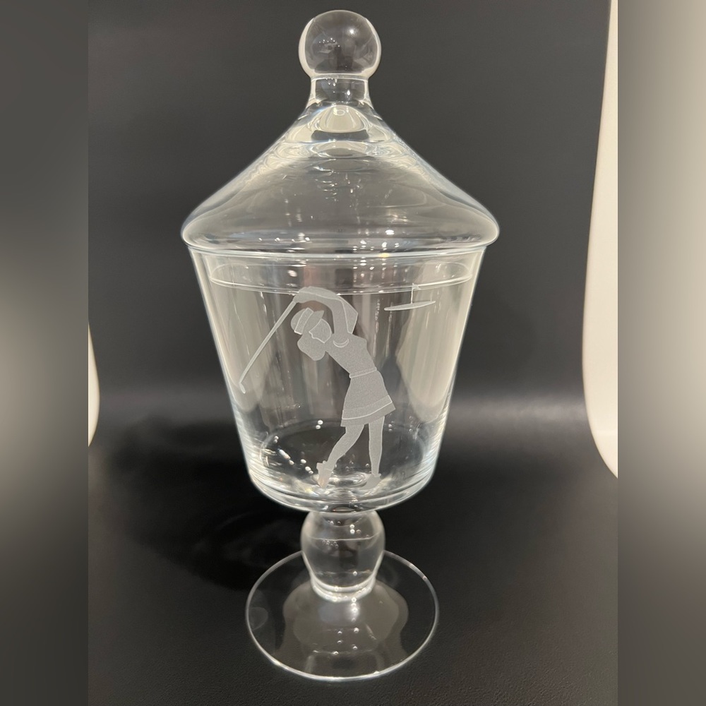 Vintage Woman Playing Golf Etched Art Glass Lidded Apothecary Candy Dish Rare - Picture 6 of 8